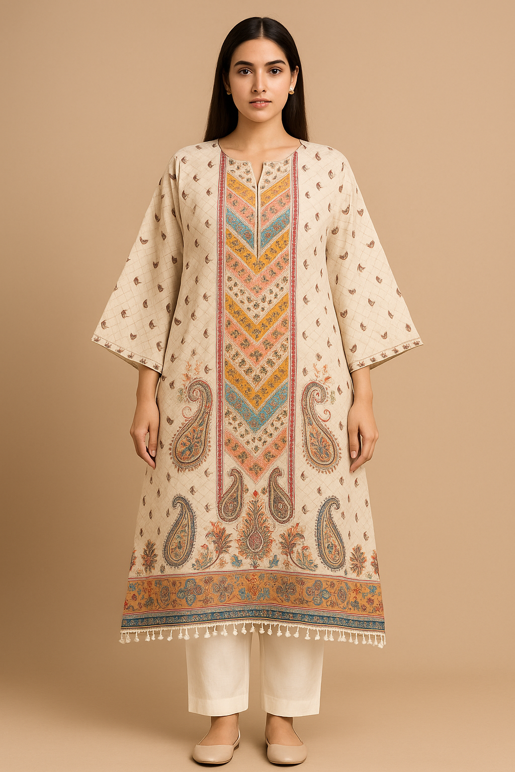 Premium Cream Embroidered Kaftan Suit Set for Women